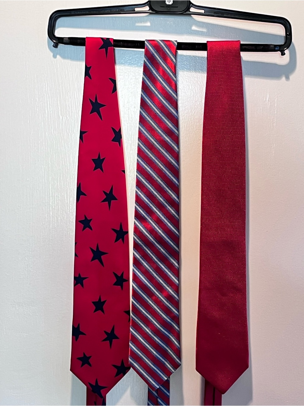 Set of Three Red Men's Ties with Stars, Stripes and Solid